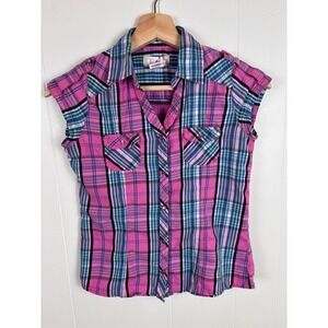 Y2K OP Ocean Pacific Girls Pink Plaid Pearl Snap‎ Sleeveless Shirt 10/12 Cotton